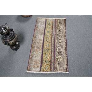 Tapis turc vintage traditionnel Beige marron 1,8x3,4 pieds Patchwork Design laine Latex pour adolescents Rectangle couloir chevet - Product Image 1