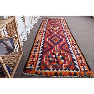 Classic Red Orange Vintage Turkish <b>Rug</b> 3.1 X 9.6 ft <b>Large</b> Area Patchwork Wool with Latex Backing for Hallway or <b>Bedroom</b> - Product Image 4
