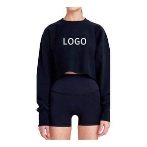 Top corto de color sólido de alta calidad con capucha Sudaderas con cuello redondo para mujer ropa informal Jersey de algodón sudaderas con capucha - Product Image 2