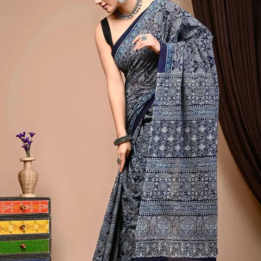 الساري المصنوع يدويًا من الحرير الصافي عالي الجودة للتصدير ومطبوع يدويًا بنمط ملابس هندية وباكستانية مناسب للزفاف والملابس غير الرسمية