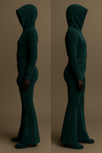 Sudadera con capucha y cremallera con bordado floral verde Athleisure para mujer al por mayor, pantalones acampanados, ropa deportiva, conjunto de dos piezas con cuello con capucha - Product Image 5