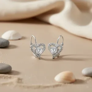 Boucles d'oreilles en argent 925 pour femmes, en forme de cœur, avec zircone cubique, plaquées or rose 18 carats, tendance, diamant taille poire - Product Image 3