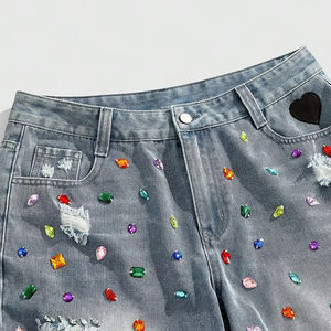 Custom Men's 100% Denim <b>Shorts</b> Baggy Rhinestone pant Summer <b>jeans</b> Diamond Crystal Side Strip Washed Denim Men's <b>Shorts</b> - Product Image 4