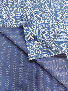 Handmade Original Indian Indigo Print <b>Kantha</b> Throw Blanket <b>Quilting</b> Block Print Hand Stitching Home 100% Cotton Bedspread Set - Product Image 5