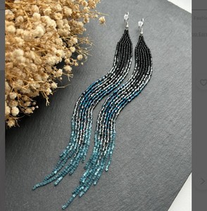 Made Just for You Bead <b>Earrings</b> Long Ombre <b>Earrings</b> Black <b>Blue</b> Very Long <b>Earrings</b> Extra Long <b>Earrings</b> - Product Image 1