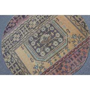 Alfombra Turca Redonda de 3.6x3.7 pies, Alfombra Vintage, Alfombra de Lana con Diseño Floral Marrón y Azul - Product Image 5