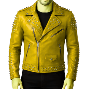 Heavy Metal <b>Punk</b> Biker Style Genuine Sheep Skin Leather <b>Jacket</b> for Men Red with Studded Design Rock Fashion for Spring Season - Product Image 3