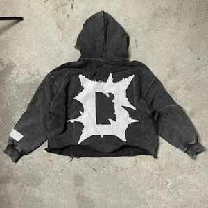 Custom Acid Wash <b>Cropped</b> Hoodies for <b>Men</b> <b>Top</b> Pocket Sun Faded Cut Edge Raw Hem Applique Distressed Patch Embroidery Winter - Product Image 6