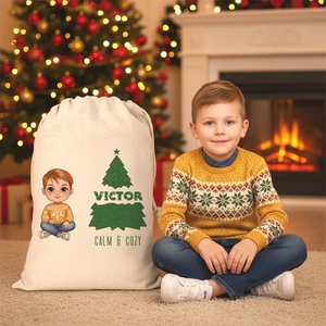 Sac cadeau personnalisé avec cordon de serrage, motif de personnage de dessin animé mignon, arbre de Noël, texte personnalisé, nom pour enfants, famille, rangement fonctionnel - Product Image 6