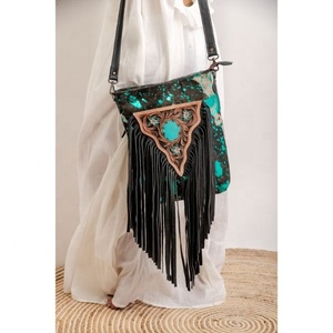 LW Sac à main en cuir de vachette véritable style vintage avec lanière unique, broderie de franges, sculpture de vrais cheveux, sacs à bandoulière - Product Image 1