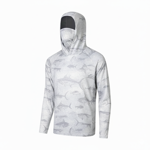 Chemise de pêche à manches longues grise pour homme avec imprimé poisson, protection anti-UV UPF 50, pull à capuche - Product Image 1