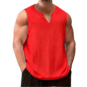 Camiseta sin mangas con cuello en V para hombre, blanca, informal, transpirable, de algodón tejido, de color sólido, holgada, para verano - Product Image 5