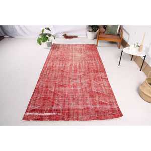 4.2x8.6 ft Rug, Vintage Rug, Turkish <b>Red</b> <b>Wool</b> Abstract Rug - Product Image 1