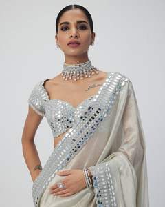 Véritable Miroir Broderie Travail Designer Satin Organza Saree Blanc Pour La Fête De Mariage Diwali Festival Vêtements Exclusifs Pour Femmes Fille - Product Image 2