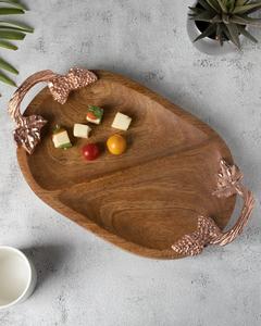 Plateau de service en bois d'acacia avec poignée en métal Table à manger Plat de service décoratif et assiette Couleur naturelle. - Product Image 6