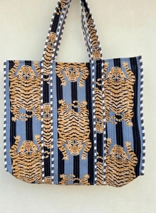Sac fourre-tout à bandoulière en coton fait main indien Womens Shopping Matelassé Hand Block Imprimé Gris Tiger Design Accessoire de mode - Product Image 3