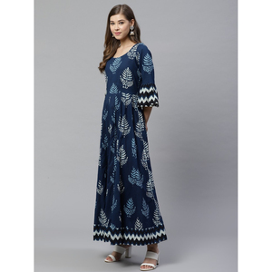 Anarkali Kurta estampado azul y blanco Tiene un cuello redondo mangas tres cuartos acampanado 100% algodón traje étnico indio - Product Image 5
