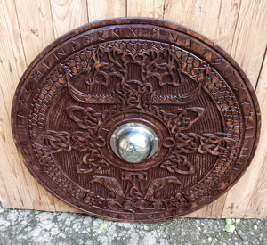 Destacado escudo individual de batalla logotipo personalizado vikingo Cosplay/pantalla Escudo de cuchillos de acero HECHO DE Material inoxidable - Product Image 6