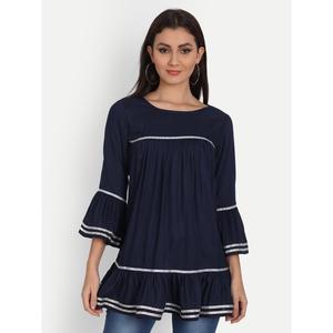 Navy Blue Rayon Solid Bell <b>Sleeve</b> <b>Top</b> for Ladies Embroidered Office Shirt Linen Chiffon Fabric Long XL XXL Sizes Loose <b>Lapped</b> - Product Image 2