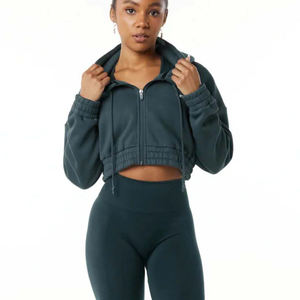 Top vente femmes couleur unie sweats à capuche à manches longues sweat décontracté pour l'hiver Sport Style tricoté tissu acide lavage Techniques - Product Image 2