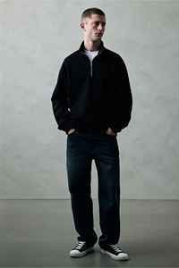 Men's Zip-<b>Top</b> Cotton Polyester Sweatshirt Stand-Up Collar Dropped Shoulder <b>Long</b> Sleeve Loose Fit <b>Black</b> Bland T-Jacket Winter - Product Image 6