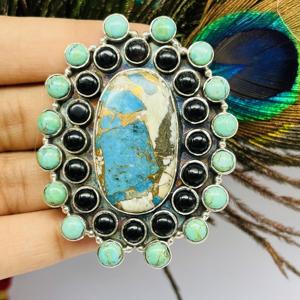 Oyster <b>Copper</b> Turquoise 925 Sterling Silver Vintage Neogothic Bezel Setting Ring Handmade Designer Oval Cut Wedding Party - Product Image 5