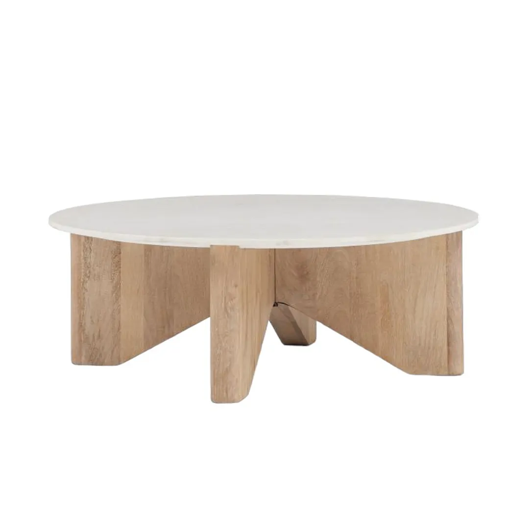 सफेद संगमरमर के शीर्ष सामग्री और अद्वितीय पैरों के आकार के साथ सुरुचिपूर्ण कॉफी टेबल ठोस टेक लकड़ी आधार