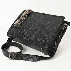 Bolso Bandolera Vaquero de Cuero Genuino Negro de Primera Calidad, Estilo Bohemio Otoñal Occidental, con Flores y Borlas - Rodeo - Product Image 4