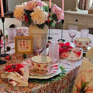 Nappe florale rose saumon foncé fait à la main bloc imprimé couverture en coton pour salle à manger cuisine mariage et fête réutilisable - Product Image 1