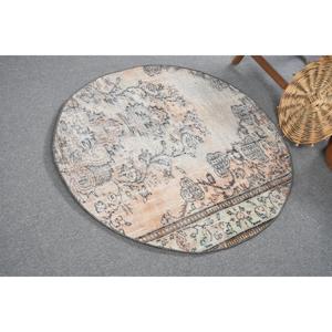 Tapis turc traditionnel rond de 4x4 pieds, écologique, en laine, beige, patchwork, avec support en latex, tapis abstrait - Product Image 2