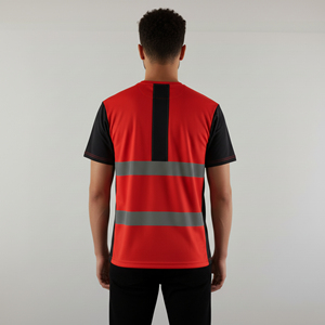 T-shirt de sécurité haute visibilité pour homme, bicolore rouge et noir, 100 % polyester, norme ANSI Classe 2, logo personnalisé imprimé, LED clignotante, OEM/ODM, respirant - Product Image 5
