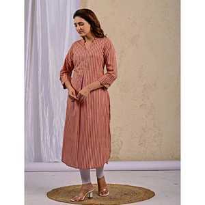 Pink Stripes Printed Straight <b>Kurti</b> for Girls Ladies Traditional Modern Elegant Indian Ethnic Summer Suit Embroidered Reyon Long - Product Image 5