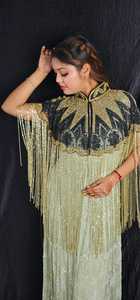 Elegant Burlesque Cape for Club Dress Black with Golden Beaded Strands and Sequins Straight Silhouette and Pearl Decorations - Product Image 5