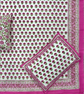 Pink & White Boho Hand block printed 100% Cotton <b>King</b> <b>Size</b> bedsheet Artisanal, Soft & Breathable Includes Matching <b>Pillow</b> Covers - Product Image 1