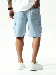 Short en jean taille haute uni à la mode pour homme bleu clair avec grandes poches style décontracté délavé foncé 100% coton - Product Image 3