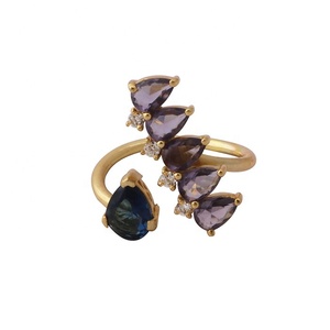 Bague de mode plaquée or faite à la main avec pour topaze suisse et pierres précieuses Iolite bague avant réglable ouverte et zircone cubique - Product Image 4