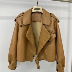 Nuevo otoño nueva decoración de cremallera para mujer imitación de cuero estilo motocicleta cuello chaqueta de manga larga abrigo de cuero - Product Image 2