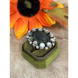 Navajo Handmade White Buffalo Sterling <b>Silver</b> <b>Adjustable</b> Cluster <b>Ring</b> - Product Image 3