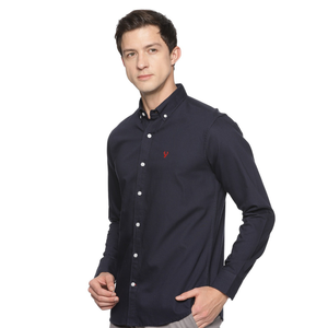 เสื้อเชิ้ตทางการแขนยาวสำหรับผู้ชายคอตตอนปกสูงลายเรียบ - Product Image 1