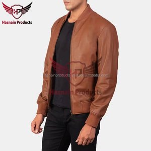 <b>Mens</b> Real Tan <b>Leather</b> Bomber <b>Jacket</b> Ribbed Collar Zipper Side Pockets Sheepskin Cognac Flight Coat Custom Brown Winter Outerwear - Product Image 3