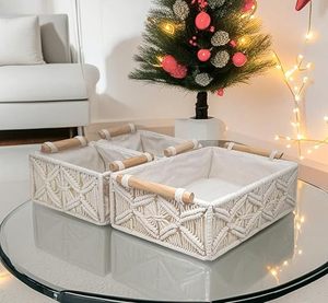 Hermosa cesta de almacenamiento de macramé tejida a mano con tacto suave, ideal para guarderías o salas de estar bohemias - Product Image 4