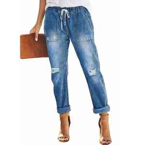 Women's Breathable Cotton Denim Mid-<b>Waist</b> Tapered <b>Jeans</b> Plain Dyed Flat Front with Drawstring <b>Elastic</b> Casual Style PCS-R-129 - Product Image 1