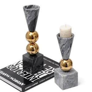 <b>Grey</b> Marble and Brass Tall <b>Candle</b> Holder Set with Elegant Modern Silhouette for Luxury Interiors - Product Image 6