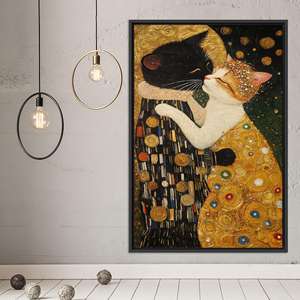 Romantic Gustav Klimt Cat Couple Printed <b>Canvas</b> Art - Elegant Wall Decor,BLACK <b>FRAMED</b> <b>CANVAS</b> - Product Image 1
