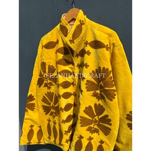 Unisex Jacket Coat Yellow <b>Velvet</b> Jacket Uzbek Floral Embroidery Jacket With Stand Collar Cotton Lining for Autumn and Winter - Product Image 4