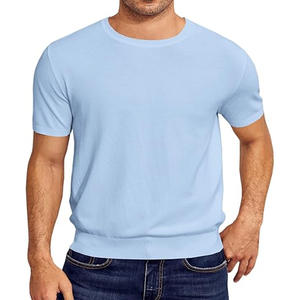 Pull-over extensible à col ras du cou pour hommes, pull-over décontracté, solide, basique, à manches courtes, t-shirts décontractés basiques en tricot - Product Image 5