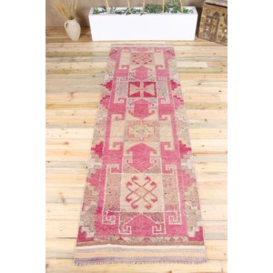 Tapis de 3,1 x 10,1 pieds, tapis turc vintage, tapis en laine géométrique rose - Product Image 1