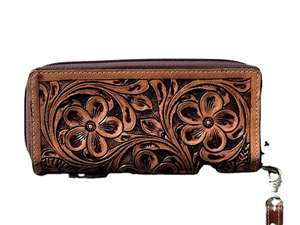 Cartera de Cuero Genuino para Mujer con Protección RFID, Estampados de Animales, Estilo Occidental Vintage, Cierre de Cremallera y Adornos de Botones, 4"H X - Product Image 2