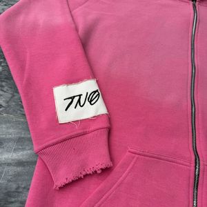 100% Cotton Acid Wash <b>Hoodie</b> with Embroidered Design <b>Zip</b>-up Sweatshirt with Distressed Hem Washed Khaki Style - Product Image 6