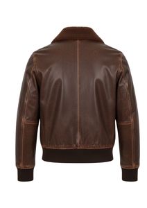 <b>Mens</b> Brown Genuine Leather Bomber <b>Jacket</b> with Shearling Collar Vintage Zip Up Winter Outerwear - Product Image 5